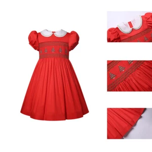Vintage Red Smocked Dress for Girls Christmas Tree Embroidered Puff Sleeves 2-12 - Picture 1 of 13