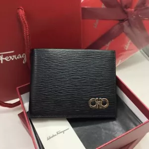 SALVATORE FERRAGAMO Black/Blue 6CC REVIVAL Leather Sliver Logo Wallet - Picture 1 of 7