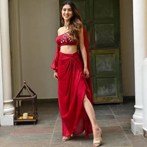 Stunning Red Silk Draped Skirt with Hand Embroidered Crop Top and attach Dupatta - Picture 1 of 7