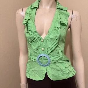 Women’s Green Cotton Casual Open Ruffle Buttons Belted Size S Blouse Top Vest - Picture 1 of 20