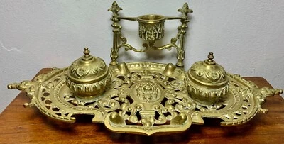 ENCRIER DOUBLE EN BRONZE LAITON XIX 19 éme siécle et coupe papier (NAPOLEON ?)  - Photo 1/4