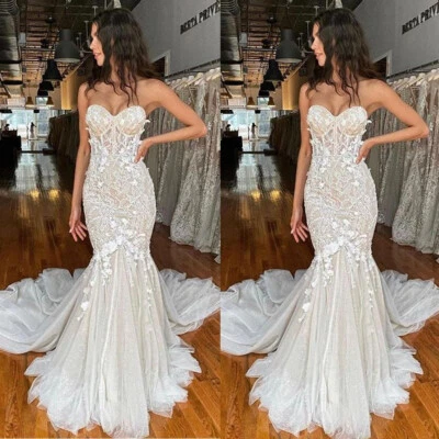 Elegant Mermaid Wedding Dresses Off Shoulder Corset Applique Bridal Gowns Train - Image 1 of 4