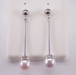 14K White Gold Pearl Dangle Drop Earrings Simple Bar Gemstone Setting - Picture 1 of 5