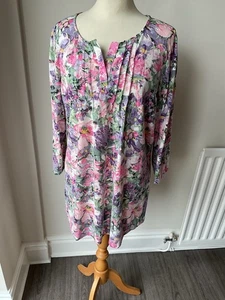 COTTON TRADERS PINK MIX FLORAL LONG TOP V NECK 3/4 SLEEVES SIZE 16 NWOT - Picture 1 of 7