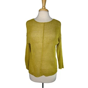 EILEEN FISHER Chartreuse Yellow-Green Open Knit Pullover Linen Sweater Sz Medium - Picture 1 of 10