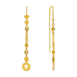 14K Yellow Gold Dangle Threader Earrings Heart Cross Geometric Chain 10x74mm - Picture 1 of 3