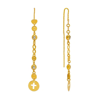 14K Yellow Gold Dangle Threader Earrings Heart Cross Geometric Chain 10x74mm - Image 1 of 3