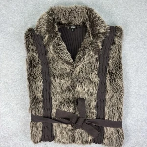 Y2K Retro Fuax Fur Sweater Vest Brown Open Front Ribbed Knit W/belt Soft Plush L - Picture 1 of 11