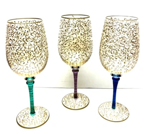 Lot of 3 Rioja Stemmed Wine Glasses Pier 1 Imports Colors & Gold Scroll Tall 9¼" - Picture 1 of 6