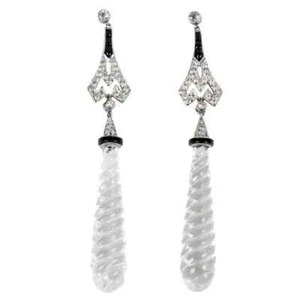 Vintage Rock Crystal Onyx and Diamond Platinum Pendant Drop Earrings Fine Estate - Picture 1 of 4