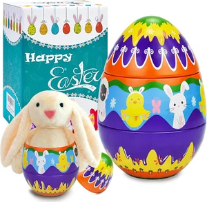 Prefilled Easter Eggs with Stuffed Animals Toys 6.5" Metal Easter Eggs Filled wi - Picture 1 of 12