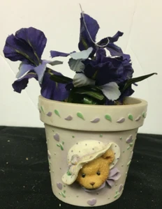 Flower Pot Cherished Teddies with Purple Faux Flowers ©1996 Priscilla Hillman - Picture 1 of 4