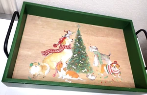 Pier 1 Imports Solid Wood Festive Christmas Tray Painted Dogs & Cats 18" x 12" - Picture 1 of 7