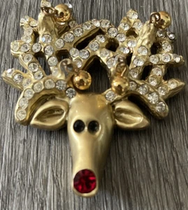 Vintage Brosche goldfarben Hirsch mit Strass und roter Nasennadel - Bild 1 von 4