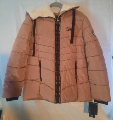 Новый Reebok женщин шерпа капюшон пуховик Куртка Пальто Sz Lg пыльный розовый - Изображение 1 из 4
