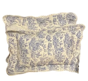 2 Vtg French Toile Throw Pillows Blue Quilted Ruffles Dbl Sided Cottagecore RARE - Picture 1 of 21