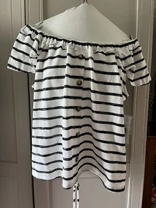 A.N.A. Women’s Cotton Top, White w Black Stripes, Size M, New w Tag - Picture 1 of 7
