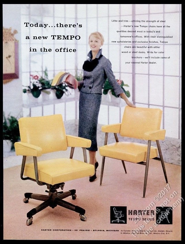 1958 Harter Tempo modern yellow office chair 2 designs photo vintage print ad Foto 1 de 1