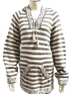CCC Peruvian Alpaca Hooded Gray White Horizontal Striped Knit Sweater Size Large - Picture 1 of 6