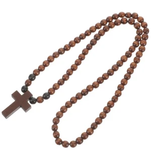 Wooden Cross Necklace For Men Beaded Chain Necklace Rosary Trendy Necklace - Picture 1 of 12