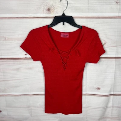 Michael Stars Top Womens OS Red Lace Up Baby Tee Short Sleeve T-Shirt Slim Fit - Image 1 of 4