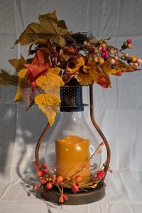 Rustic Fall Lantern With Faux Candle & Autumn Foliage 11″ Pumpkin Berries Decor - Picture 1 of 8