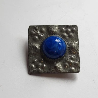 Antique Square Pewter Pin with Blue Cabochon Center — 第 1/4 张图片
