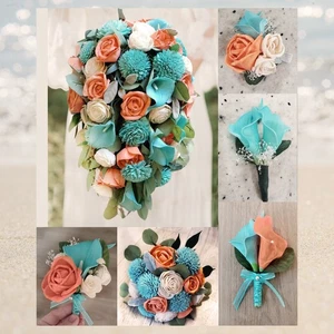 Calla Lily Bridal Bouquet Wedding Cascade Turquoise Coral Sola Wood Bridesmaid - Picture 1 of 12