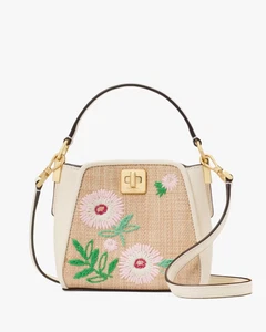 Kate Spade Phoebe Straw Mini Top Handle Crossbody Natural Pink Flowers - Picture 1 of 6