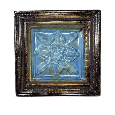 Vintage Blue Glazed Ceramic Fireplace Stove Tile 9.25” Floral Star Relief 4.2 lb - Image 1 of 4