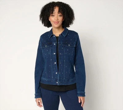 Quacker Factory Sparkle and Shine Denim Jeanne Jacket Dark Indigo S New - Image 1 of 4