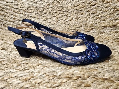 J. Renee Faleece Lace, Satin,Sequins Slingback Heels Navy Blue 8.5 M Rhinestones - Image 1 of 4