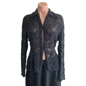 90s Vintage Donna Karan Gold Label Black Sheer Embroidered Beaded Jacket Top XS - Picture 1 of 15