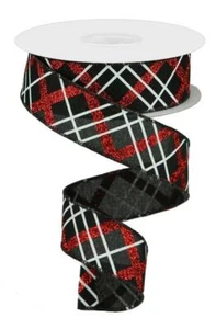 Cinta a cuadros diagonal brillante, negro/rojo/blanco, arpillera real, cinta con cable, 1,5" - Imagen 1 de 1
