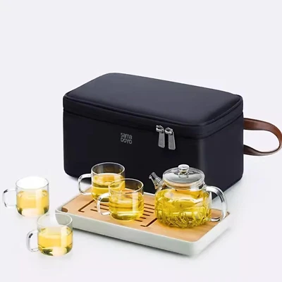 Juego de té de viaje de vidrio borosilicato Samadoyo con tetera + 4 tazas + bandeja Foto 1 de 4