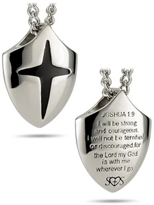 Men's Stainless Steel Cross Shield Necklace-Joshua 1:9 - Picture 1 of 7