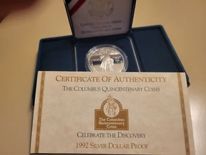 1992 Columbus Quincentenary US Mint Proof Silber Dollar Stempelglanz Münze mit COA und Box - Bild 1 von 5