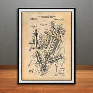 1914 Strand OHC V Twin Cyclone Engine Patent Print Art Drawing Poster - Picture 1 of 5