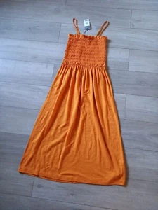 Primark Orange Strappy Flared Dress Shirred Top Cotton Beach Holiday BNWT Size M - Picture 1 of 19