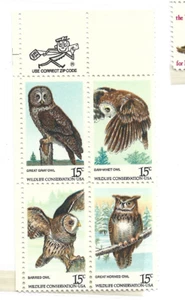 NH WILDLIFE CONSERVATION,4 DIFFERENT OWLS -4 X 15 CENT BLOCK - Picture 1 of 1
