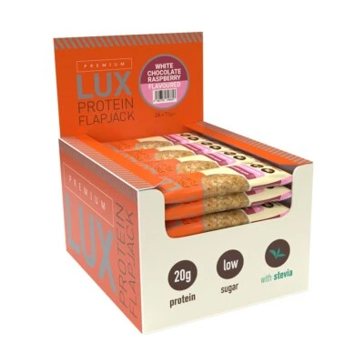 BODYBUILDING WAREHOUSE LUX 20g High Protein Flapjacks - White Choc Rasp - Best Oat Snack Bar - 24 Pack