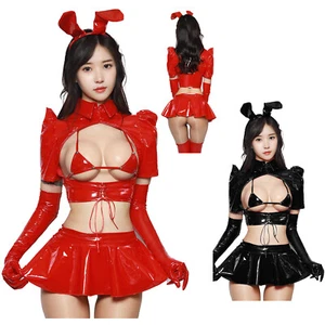 Mujeres Sexy Diablo Conejo Niña Juego de Rol Traje de Gato Prenda para el torso Recortada Arubo Guante Falda Látex - Imagen 1 de 28