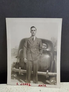 Vintage B&W Photo Sharp Dressed Man Standing Behind Early 1940s Ford? Packard? - Picture 1 of 7