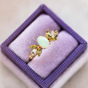 Dainty White Opal Leaf stacking 18k Gold Plated Healing Stone Adjustable Ring - Picture 1 of 5