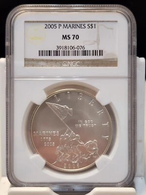 2005-P Marine Corps Commemorative Silver Dollar $1 NGC MS70 - Image 1 of 4