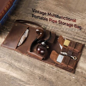 Travel Cowhide Leather Tobacco Pipe Case Smoking Accessories Pipe Roll Pouch Bag - Picture 1 of 16