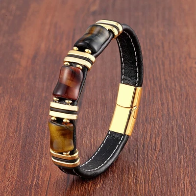 Natural Stone Tiger Eye Bracelet Black Leather Rope Stainless Steel Men Jewelry - Image 1 of 4