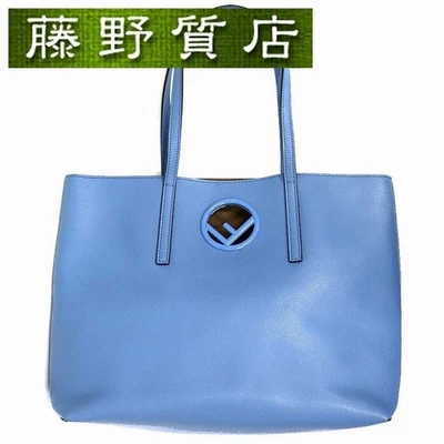 FENDI Shopping Logo Tote Bag Shoulder Bag 8BH348 Leather Blue Pouch 8382 - Image 1 of 4