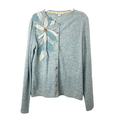 Coldwater Creek wool rabbit hair button down cardigan Sz M blue flower cute - Image 1 of 4