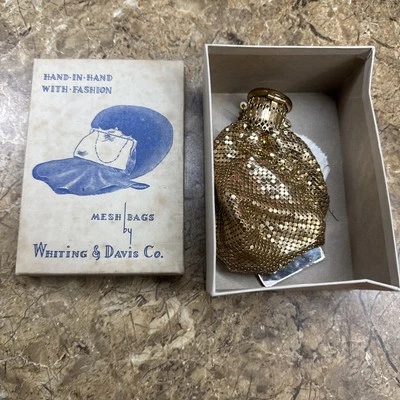 Cartera de malla dorada expandible Whiting and Davis de colección bolso de mendigos y caja original Foto 1 de 4